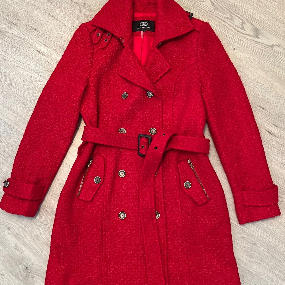 Red Boucle Watermelon Belted Length Jacket Coat